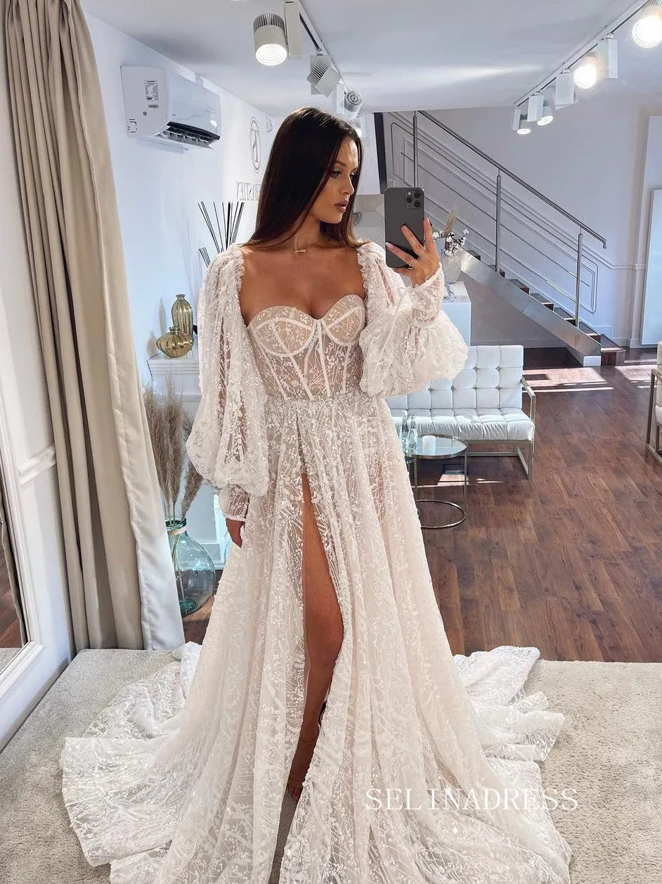 A-line Sweetheart Lace Informal Wedding Dress Boho Lace Wedding Gown Dress #KOP080