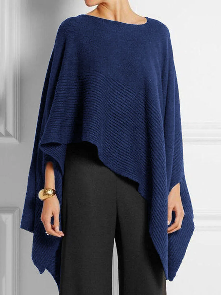 Asymmetric Round Neck Knitted Cape Top