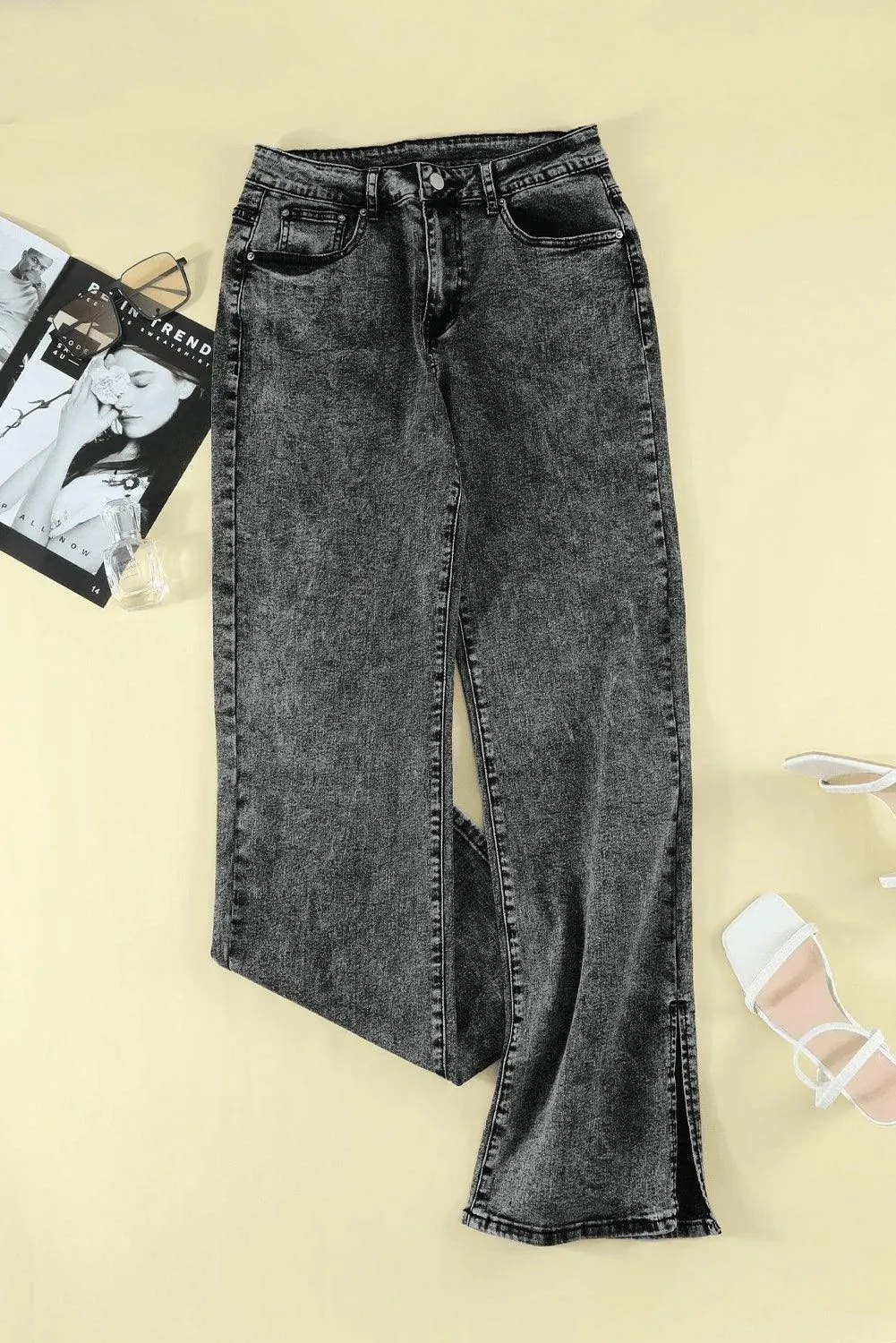 Black High Rise Slit Anklet Flare Jeans