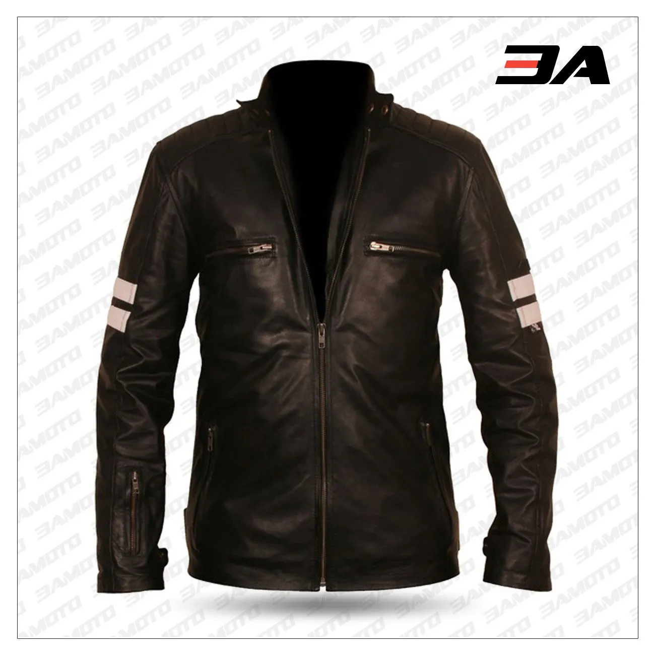 Black Leather White Stripe Jacket For Mens