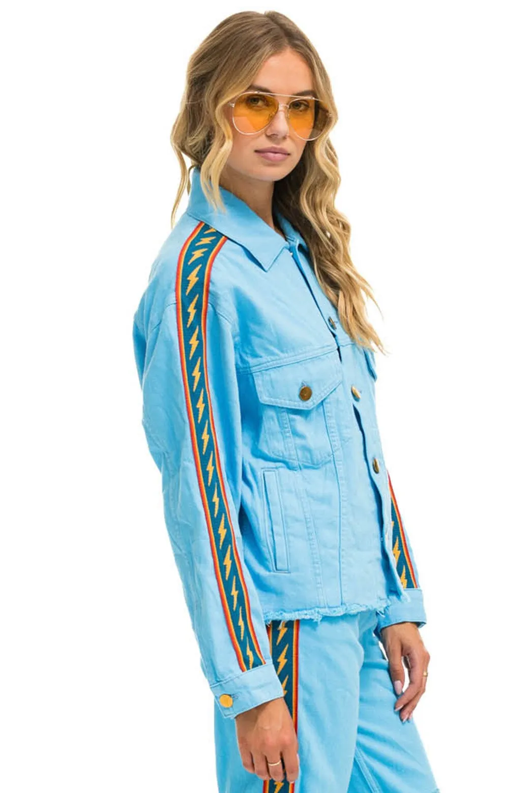 BOLT STRIPE OVERSIZED CUTOFF DENIM JACKET - SKY