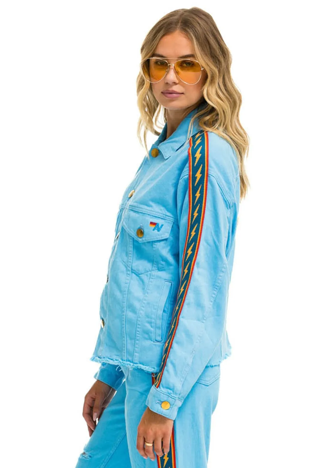 BOLT STRIPE OVERSIZED CUTOFF DENIM JACKET - SKY