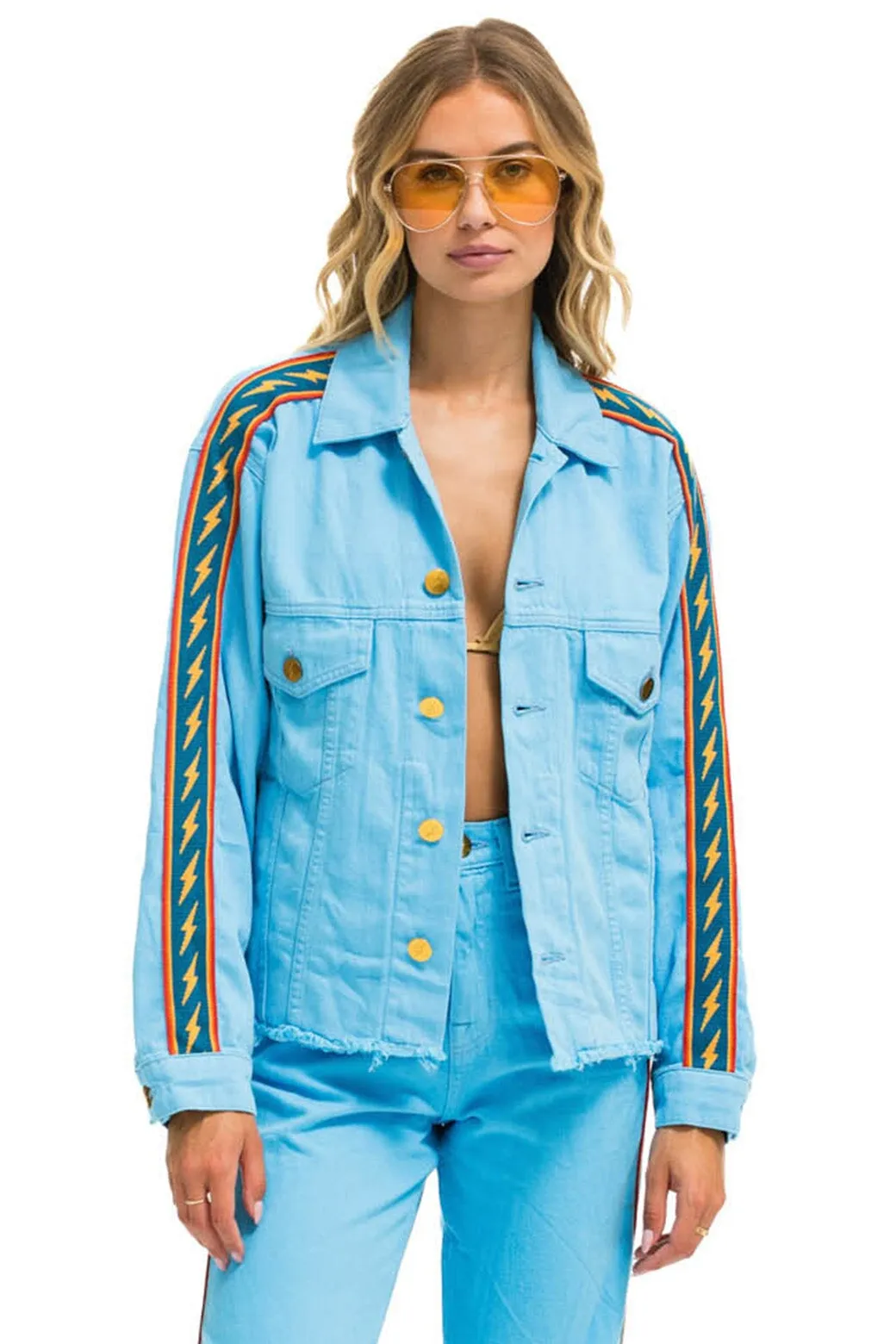 BOLT STRIPE OVERSIZED CUTOFF DENIM JACKET - SKY