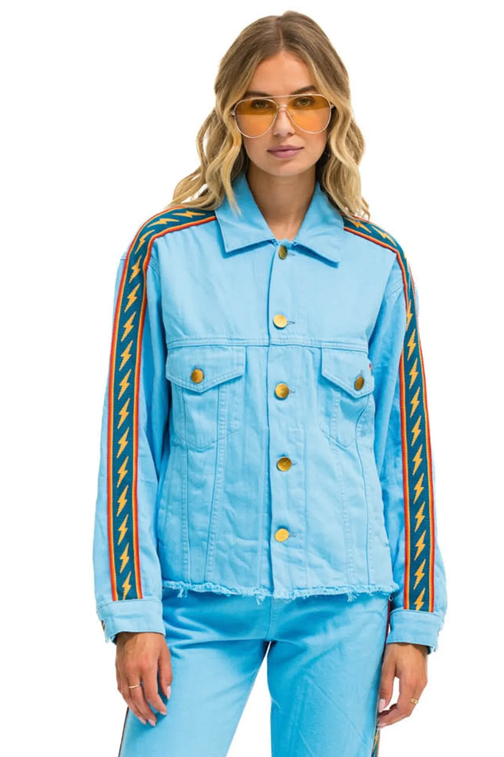 BOLT STRIPE OVERSIZED CUTOFF DENIM JACKET - SKY