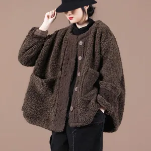 boutique trendy spring coats chocolate o neck patchwork fuzzy wool coat for woman