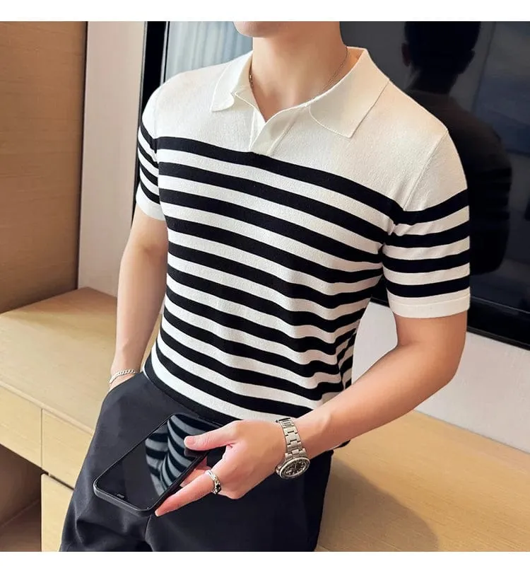 British Men's Slim Fit Polo T-shirt with Contrasting Stripes - Summer Knit Casual Lapel Style