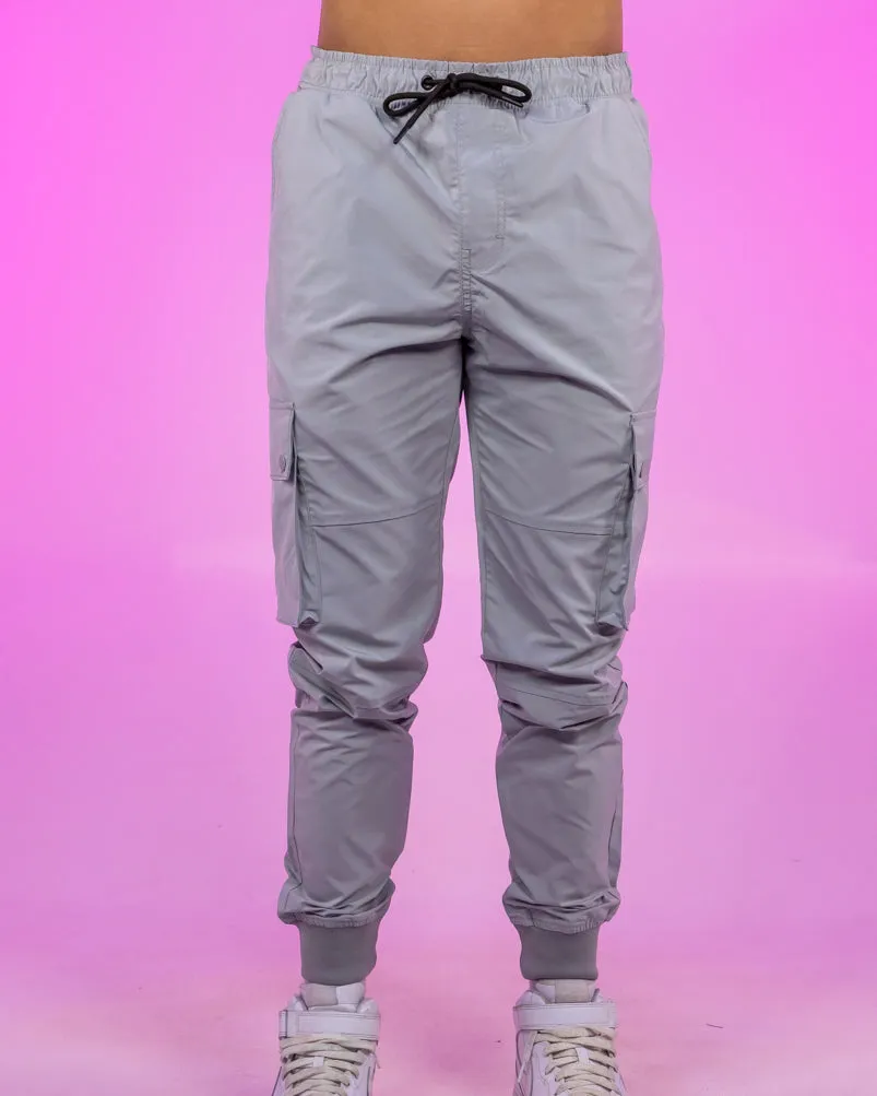 Cool Grey Ribbed and Cuffed Woven Cargo Pants