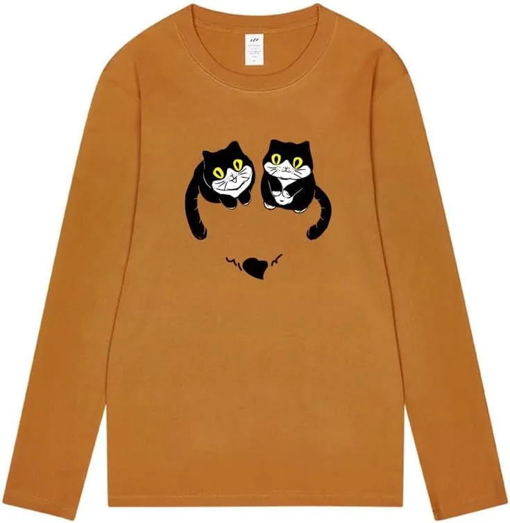 CORIRESHA Women's Teen Cute Cat Crew Neck Long Sleeve Casual Fall Heart T-Shirt