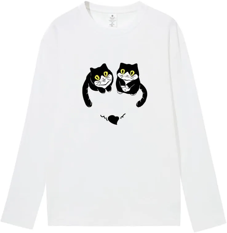 CORIRESHA Women's Teen Cute Cat Crew Neck Long Sleeve Casual Fall Heart T-Shirt