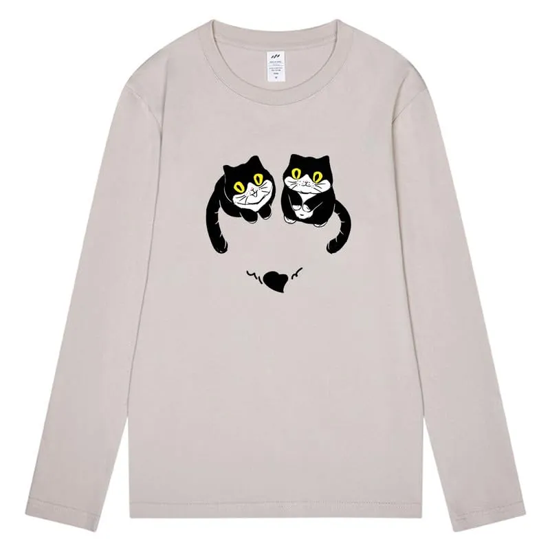 CORIRESHA Women's Teen Cute Cat Crew Neck Long Sleeve Casual Fall Heart T-Shirt