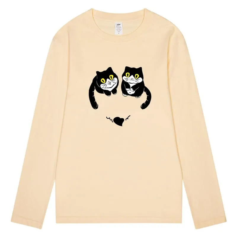 CORIRESHA Women's Teen Cute Cat Crew Neck Long Sleeve Casual Fall Heart T-Shirt