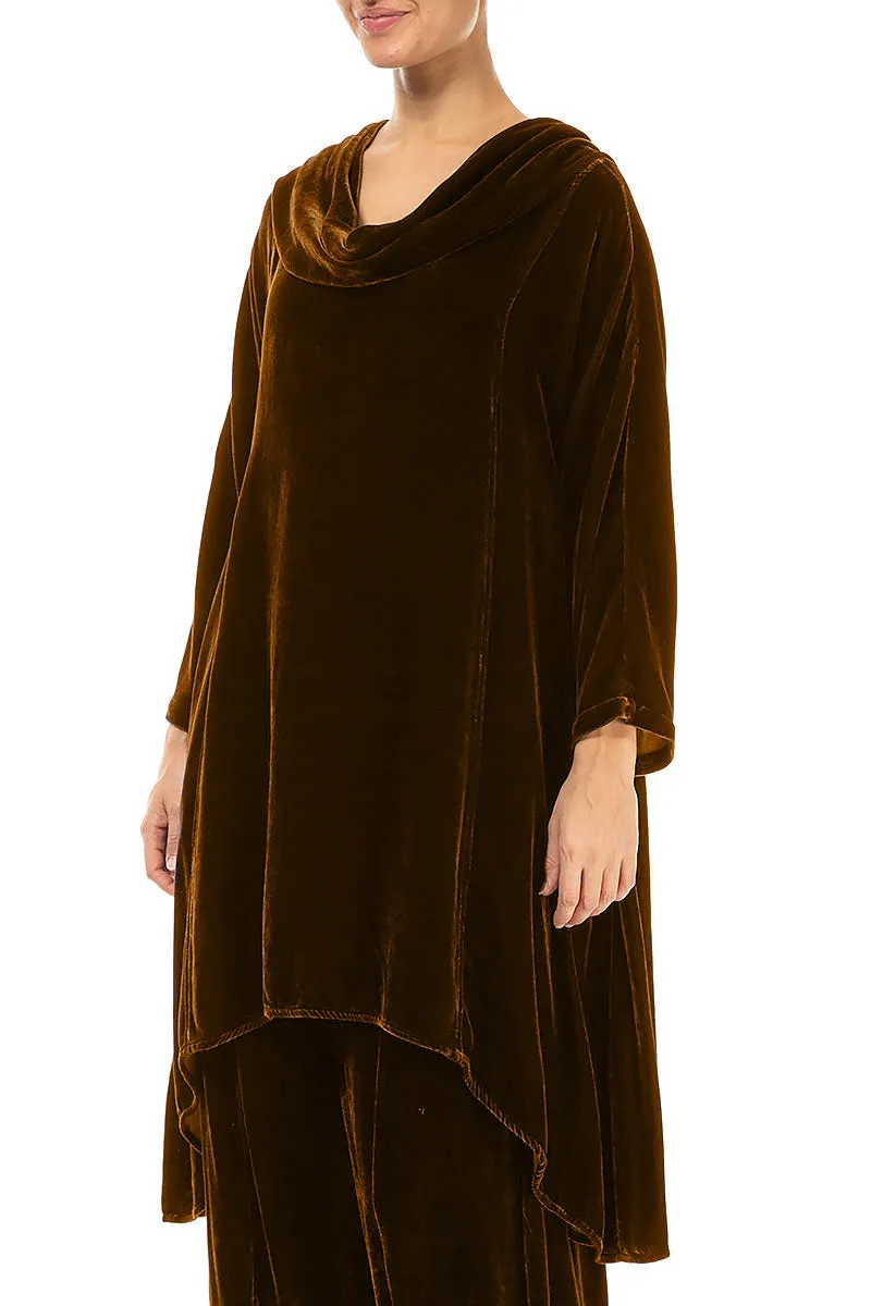 Cowl Neck Asymmetric Golden Olive Silk Velvet Tunic