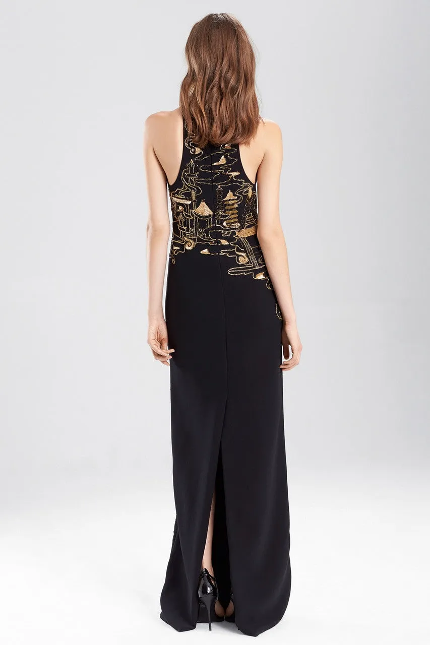 Crepe Halter Dress With Gold Beading