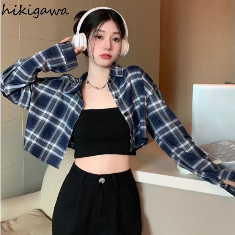 deanwangkt Crop Tops Blouse for Women Korean Casual Plaid Shirts High Waist Long Sleeve Loose Blouses  Blusas Mujer De Moda 27L111