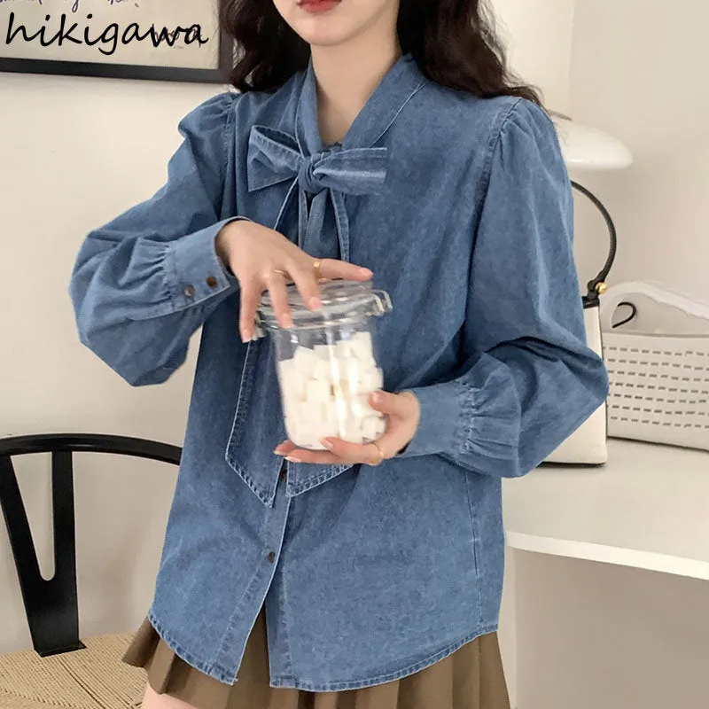 deanwangkt Shirt Top Female Blouses for Women Camisas De Mujer Bandage Bow Vintage Casual Blouse Shirts Fashion Korean Y2k Clothes