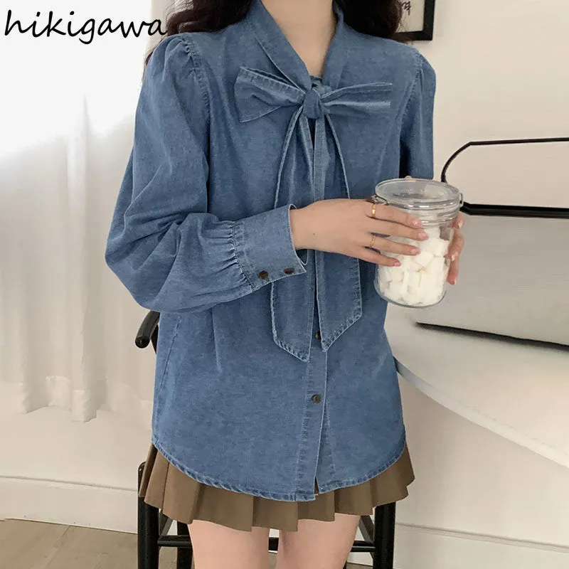 deanwangkt Shirt Top Female Blouses for Women Camisas De Mujer Bandage Bow Vintage Casual Blouse Shirts Fashion Korean Y2k Clothes