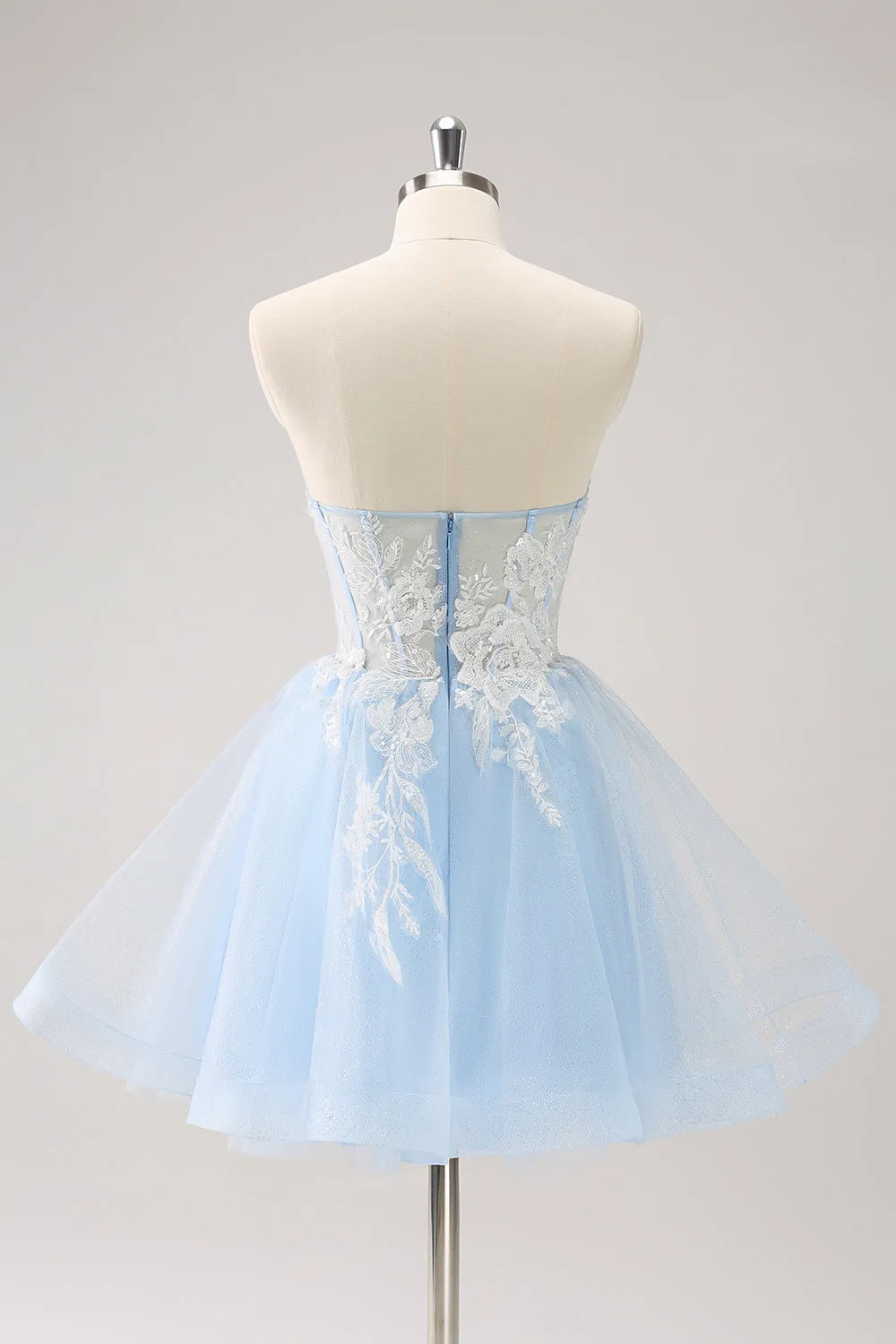 Elegant Blue Sequined A Line Corset Floral Appliques Mini Dress