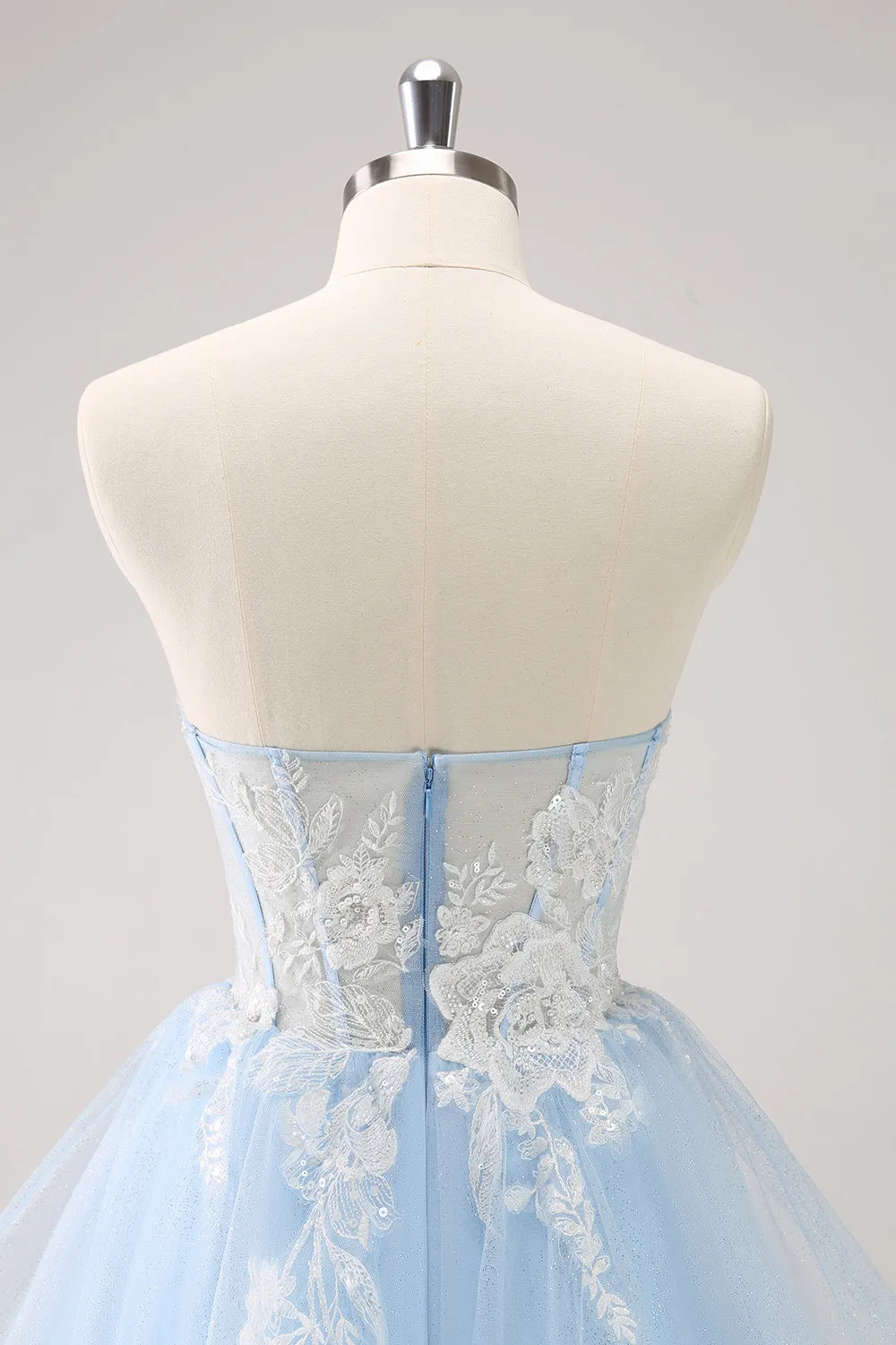 Elegant Blue Sequined A Line Corset Floral Appliques Mini Dress