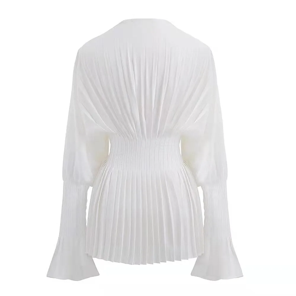 Elegant Women Loose White V-Neck Pleated Shirts Female Full Sleeve Tops Blouses Casual Blusas