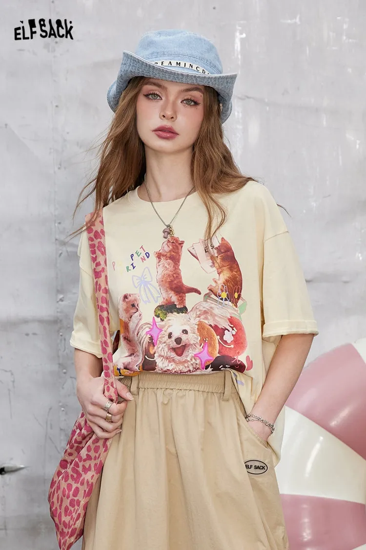 ELFSACK 2024 Summer New Arrivals Pink irregular printing casual versatile slim loose short-sleeved T-shirt for women