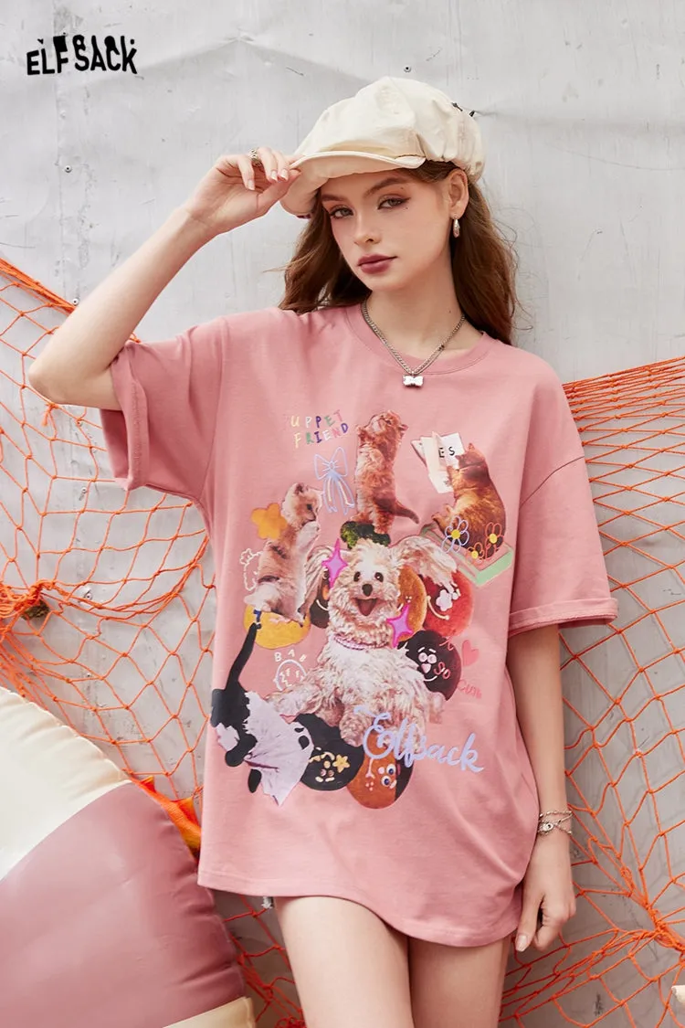 ELFSACK 2024 Summer New Arrivals Pink irregular printing casual versatile slim loose short-sleeved T-shirt for women