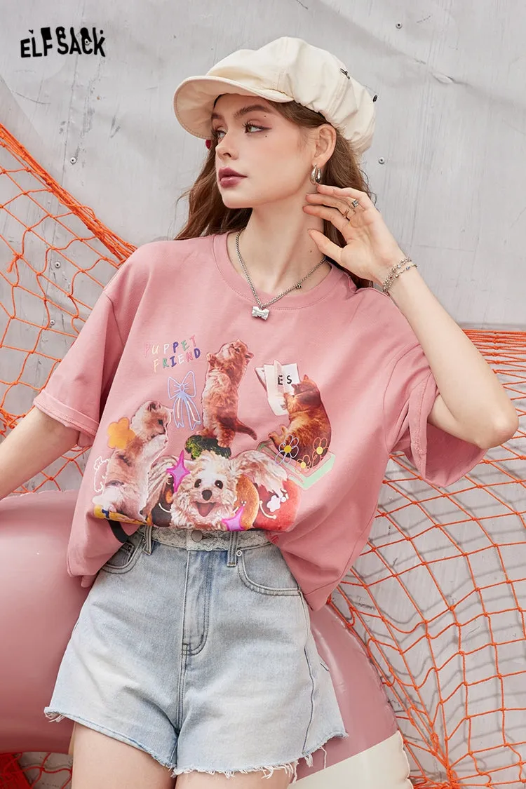 ELFSACK 2024 Summer New Arrivals Pink irregular printing casual versatile slim loose short-sleeved T-shirt for women