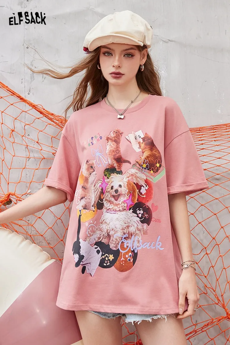 ELFSACK 2024 Summer New Arrivals Pink irregular printing casual versatile slim loose short-sleeved T-shirt for women