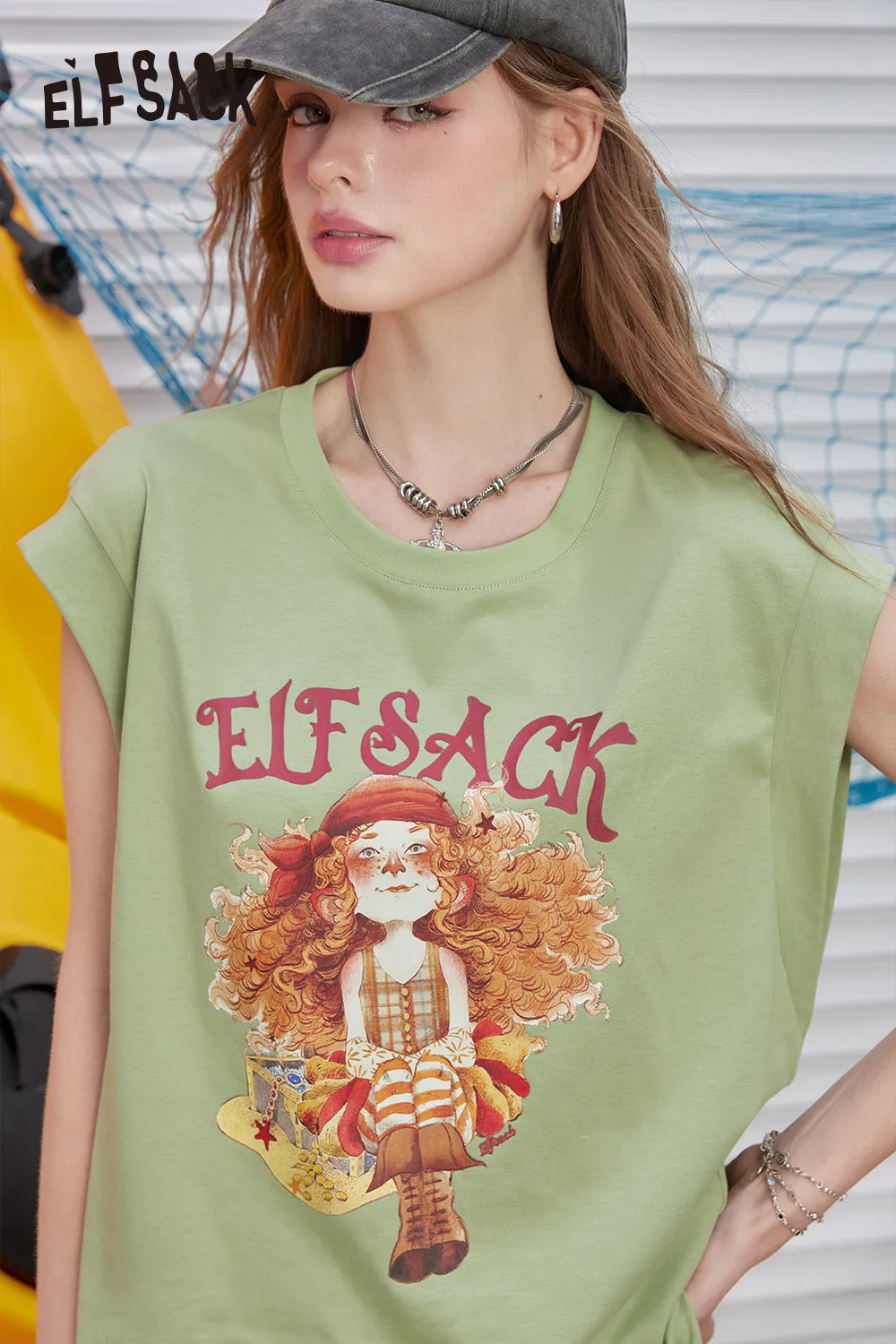 ELFSACK 2024 Summer New Arrivals Printed sleeveless t-shirt for women's casual versatile and unique top