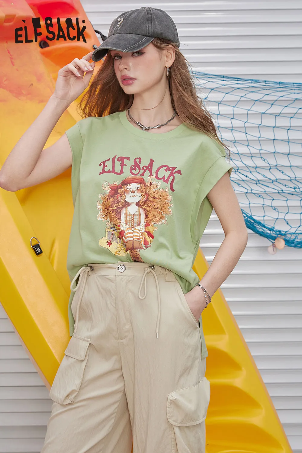 ELFSACK 2024 Summer New Arrivals Printed sleeveless t-shirt for women's casual versatile and unique top