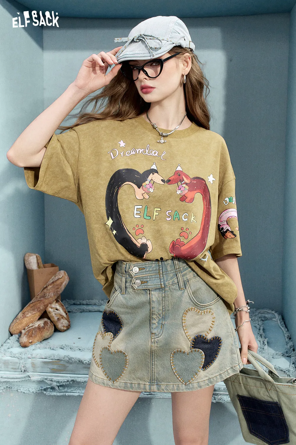 ELFSACK 2024 Summer New Arrivals Retro loose printed short sleeved t-shirt for women's casual versatile top