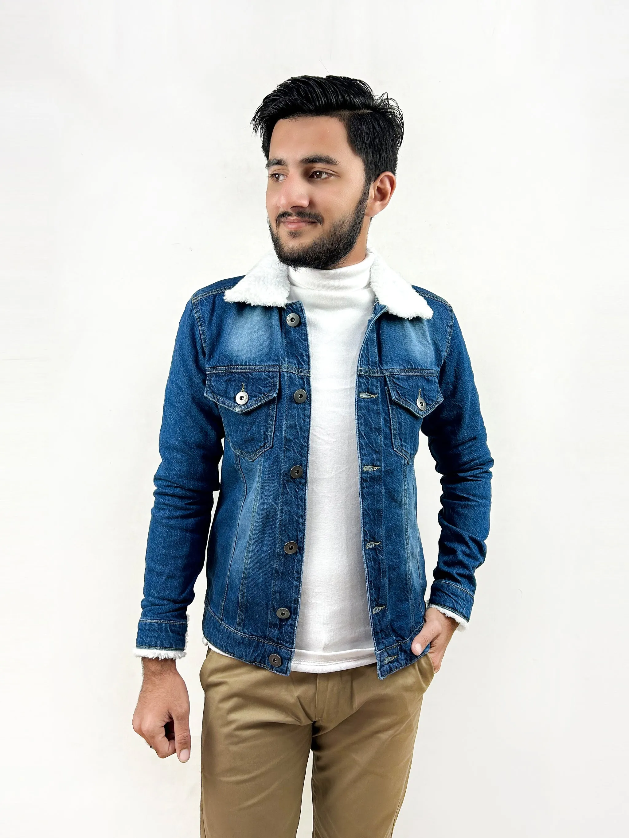 Faded Light Blue Fur Collar Denim Jacket for Men MJ13