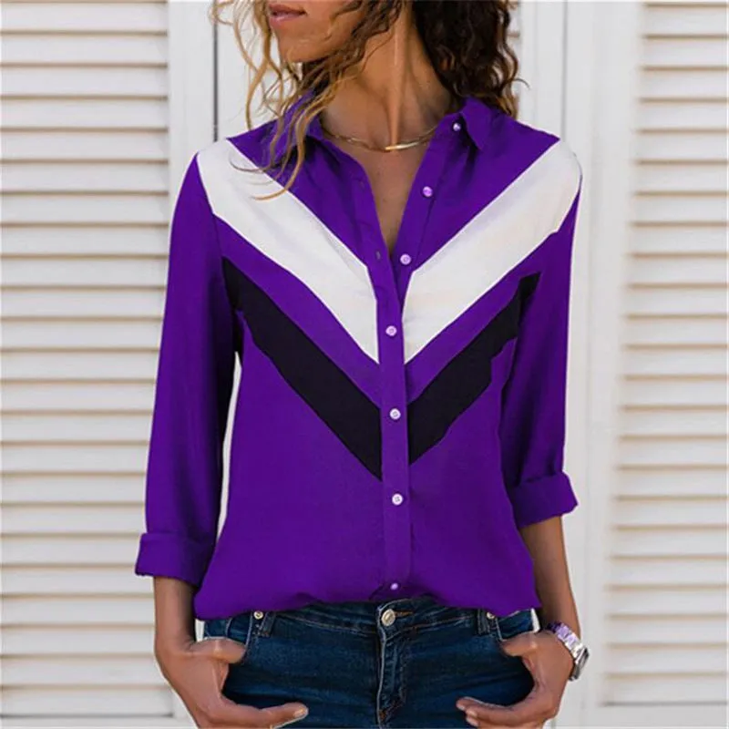 Fashion casual spring and summer chiffon shirt long-sleeved solid color stitching V-neck ladies top