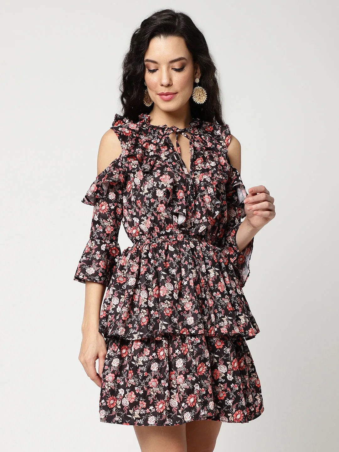 Floral Multicolor Digital Printed Dress With Ruffles