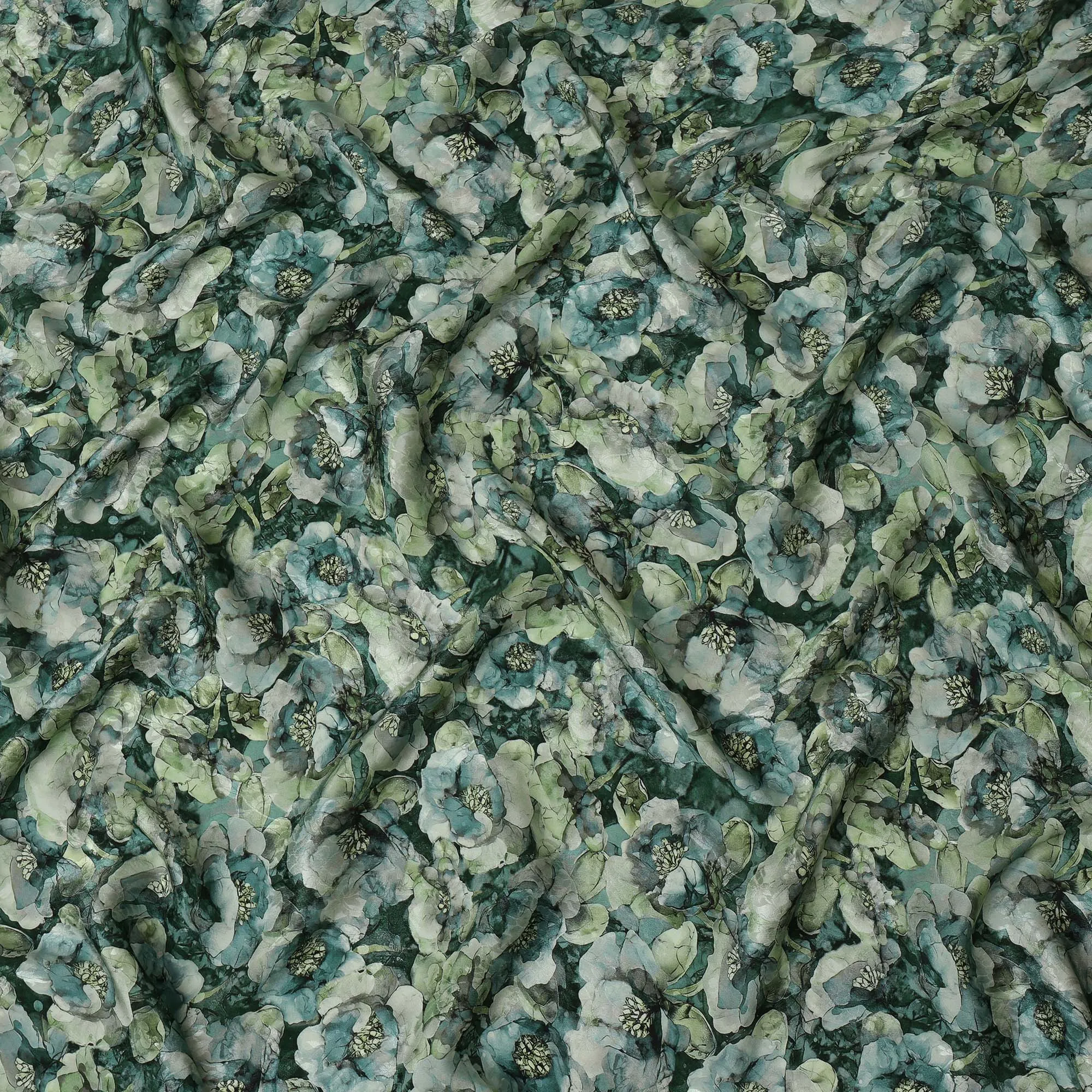 Forest Green Viscose Crepe Printed Fabric with Blue and Green Floral Design, 110 cm Width-D20465