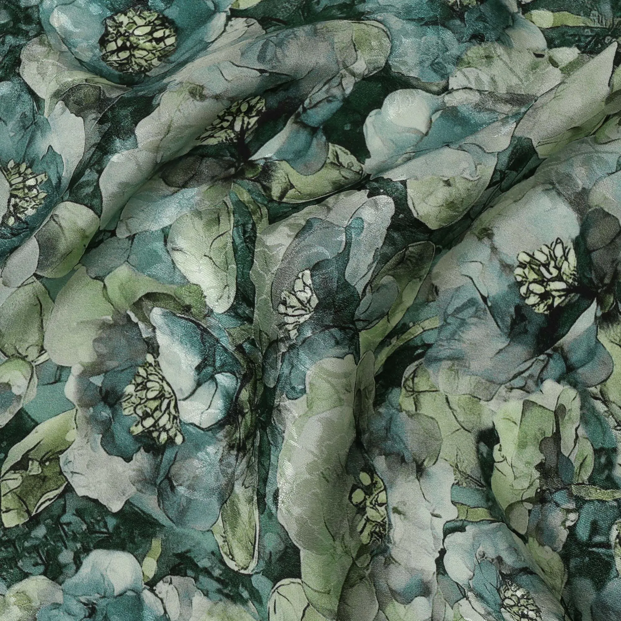 Forest Green Viscose Crepe Printed Fabric with Blue and Green Floral Design, 110 cm Width-D20465