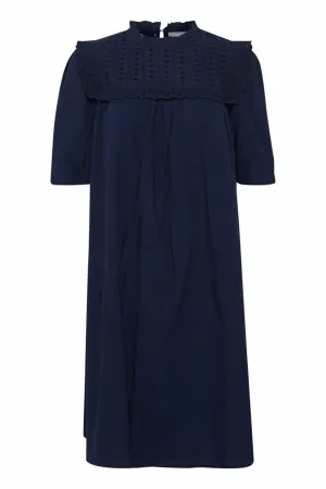 Fransa Broderie Cotton Dress Navy Blue