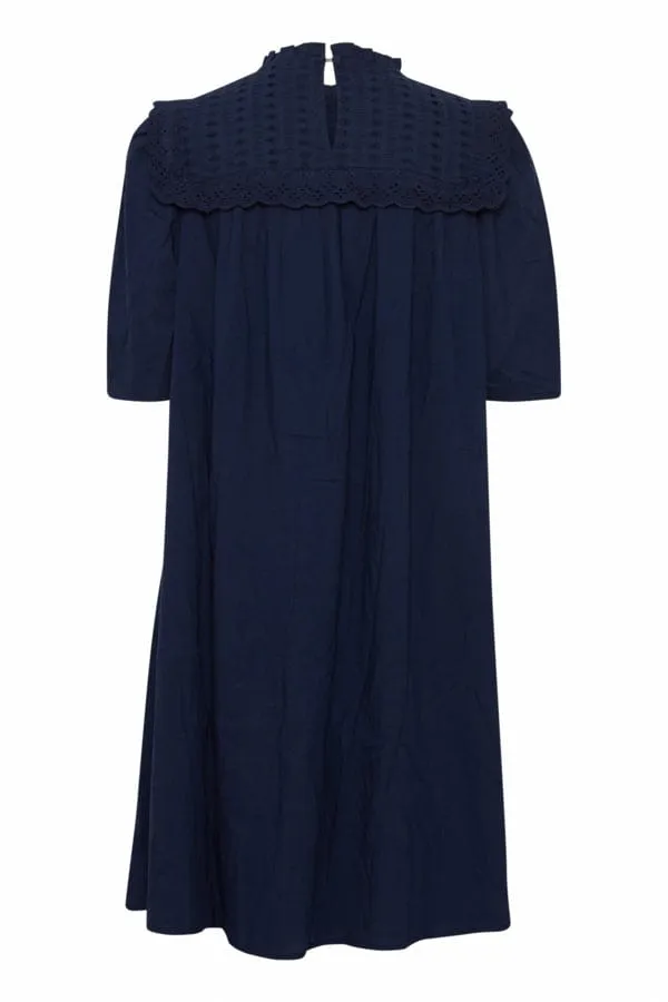 Fransa Broderie Cotton Dress Navy Blue