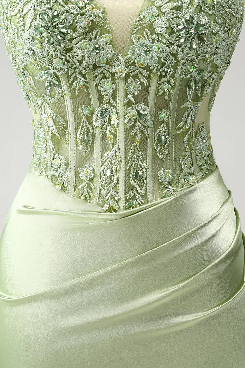 Glitter Green Spaghetti Straps Beaded Appliques Tight Corset Mini Dress