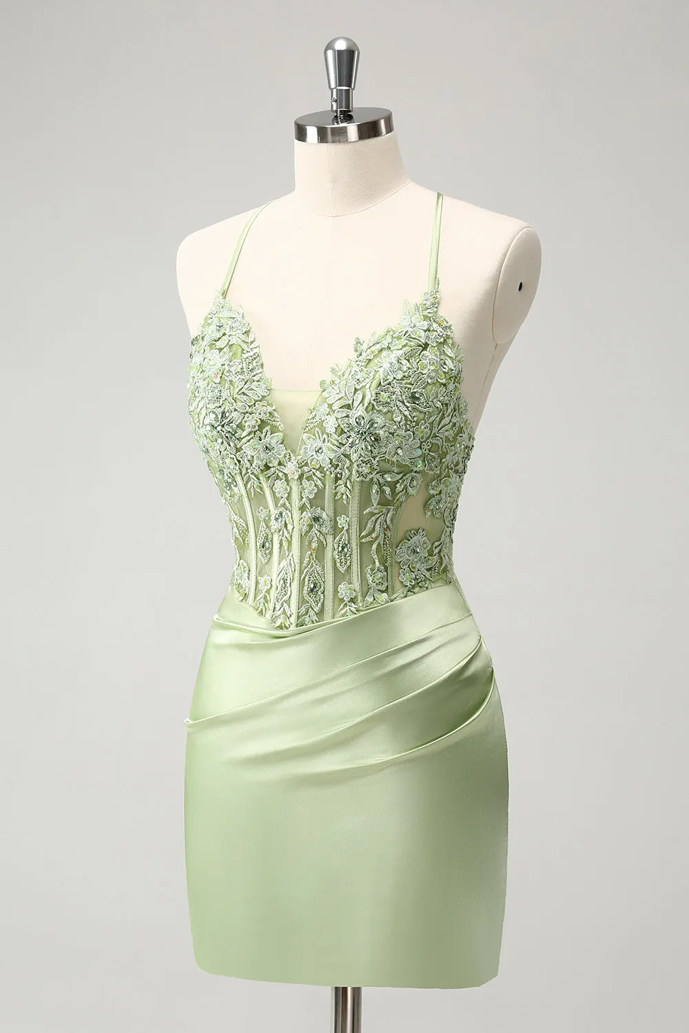 Glitter Green Spaghetti Straps Beaded Appliques Tight Corset Mini Dress