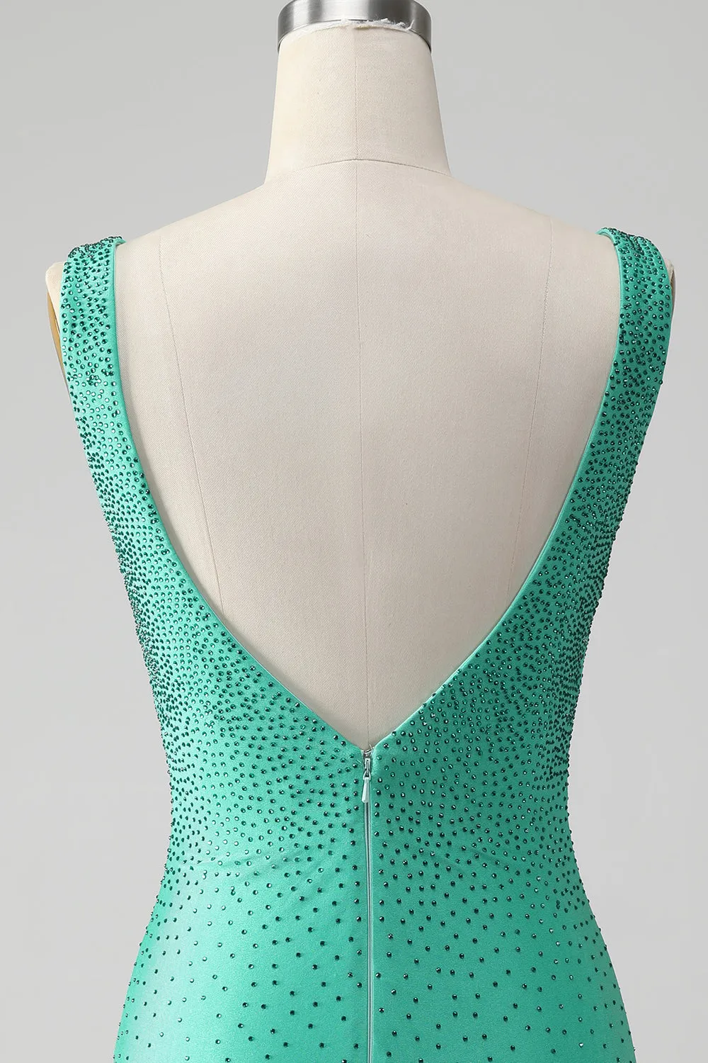 Green Bodycon V Neck Backless Mini Dress with Beading