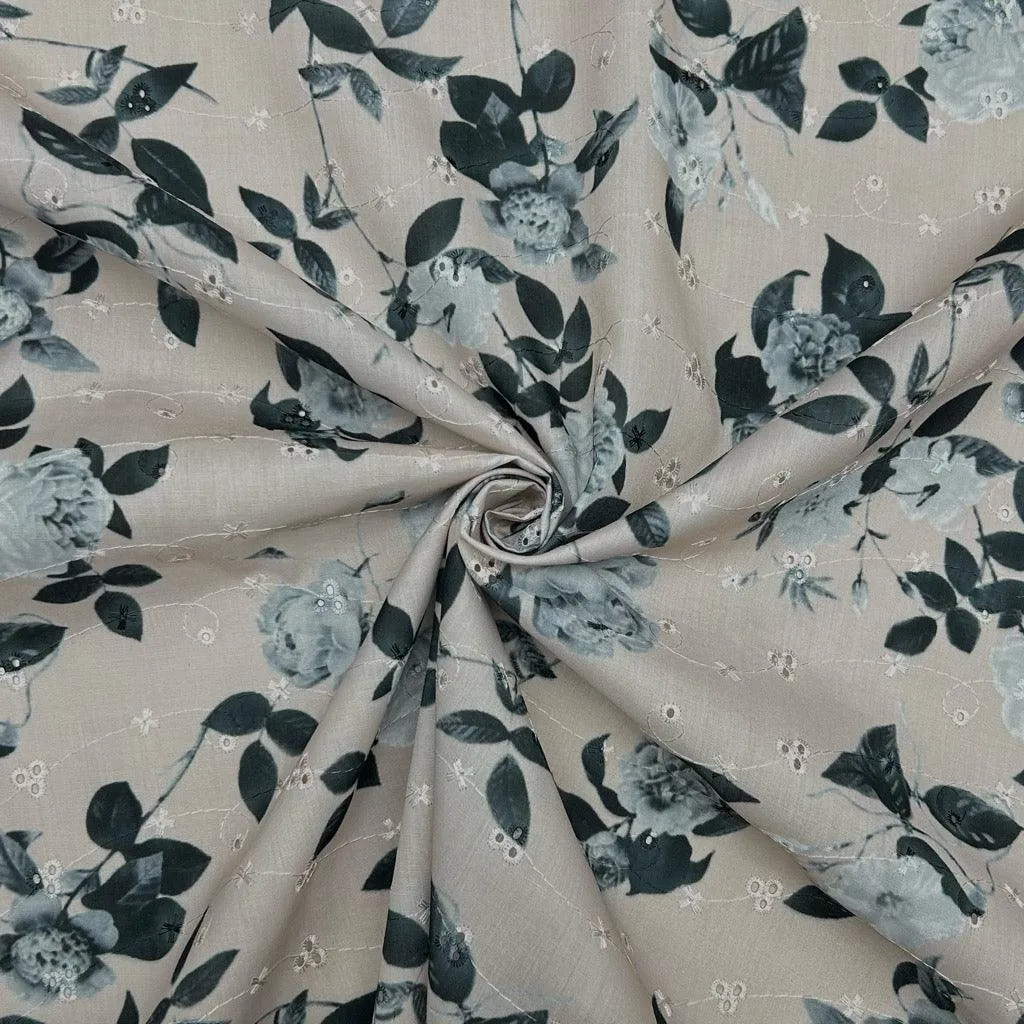 Grey Floral Broderie Anglaise Polycotton Fabric