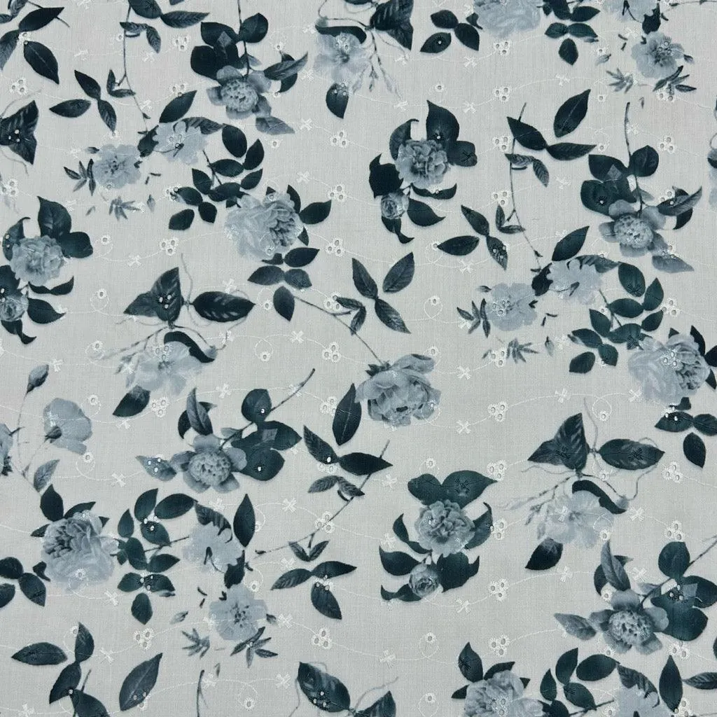 Grey Floral Broderie Anglaise Polycotton Fabric