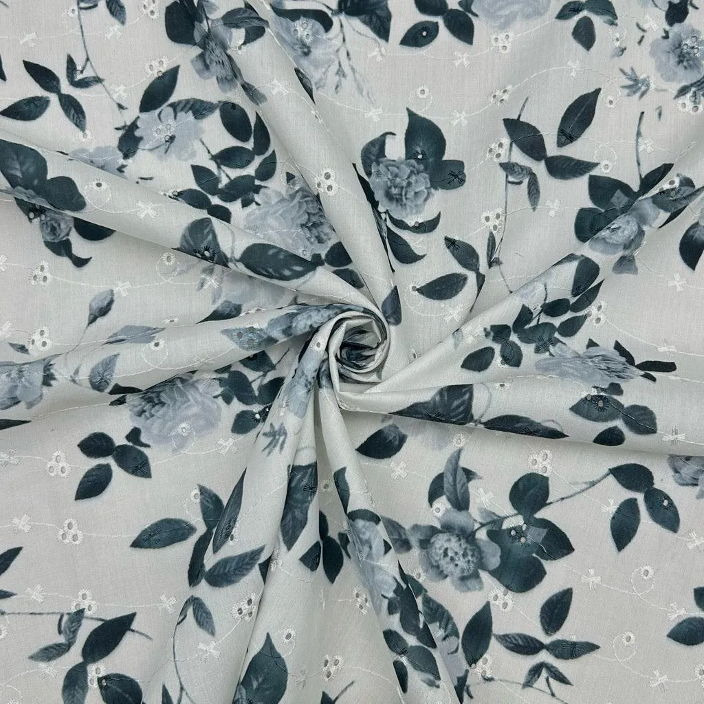 Grey Floral Broderie Anglaise Polycotton Fabric