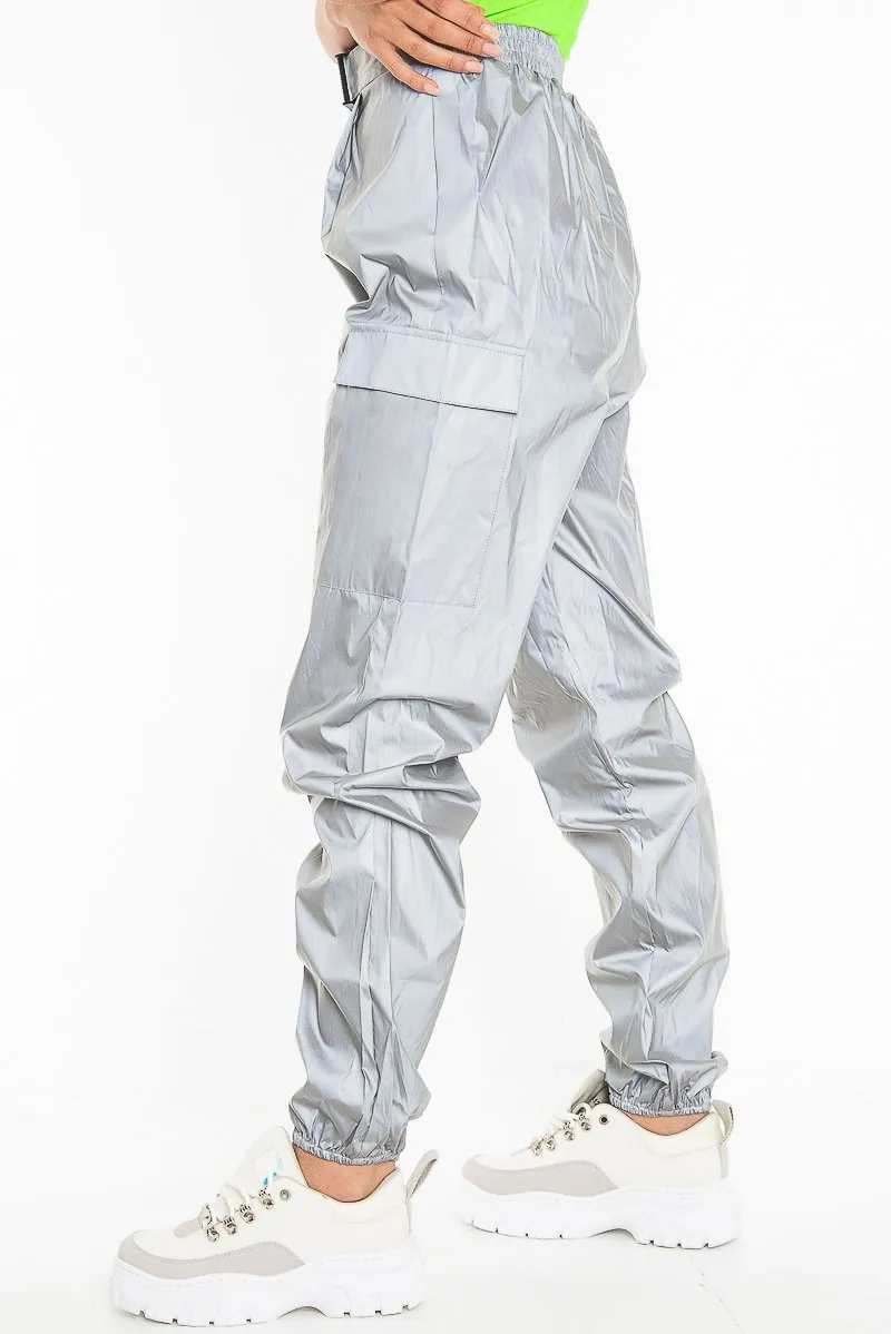 Grey Reflective Buckle Front Cuffed Hem Joggers - Stacia