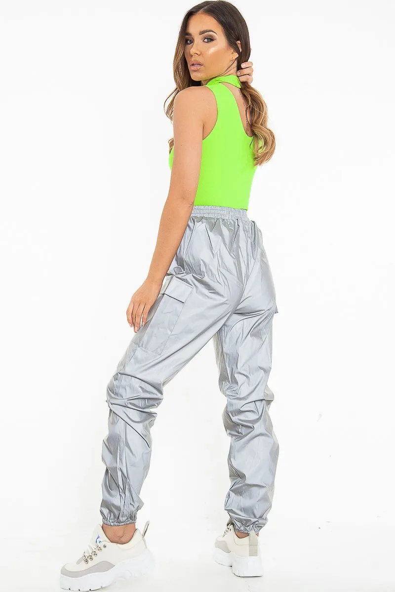 Grey Reflective Buckle Front Cuffed Hem Joggers - Stacia