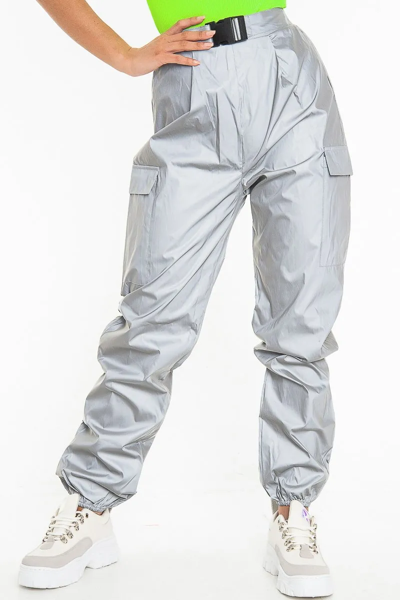 Grey Reflective Buckle Front Cuffed Hem Joggers - Stacia