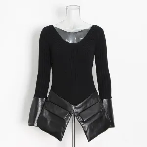 Irregular stitching knitted leather round neck slim sweater