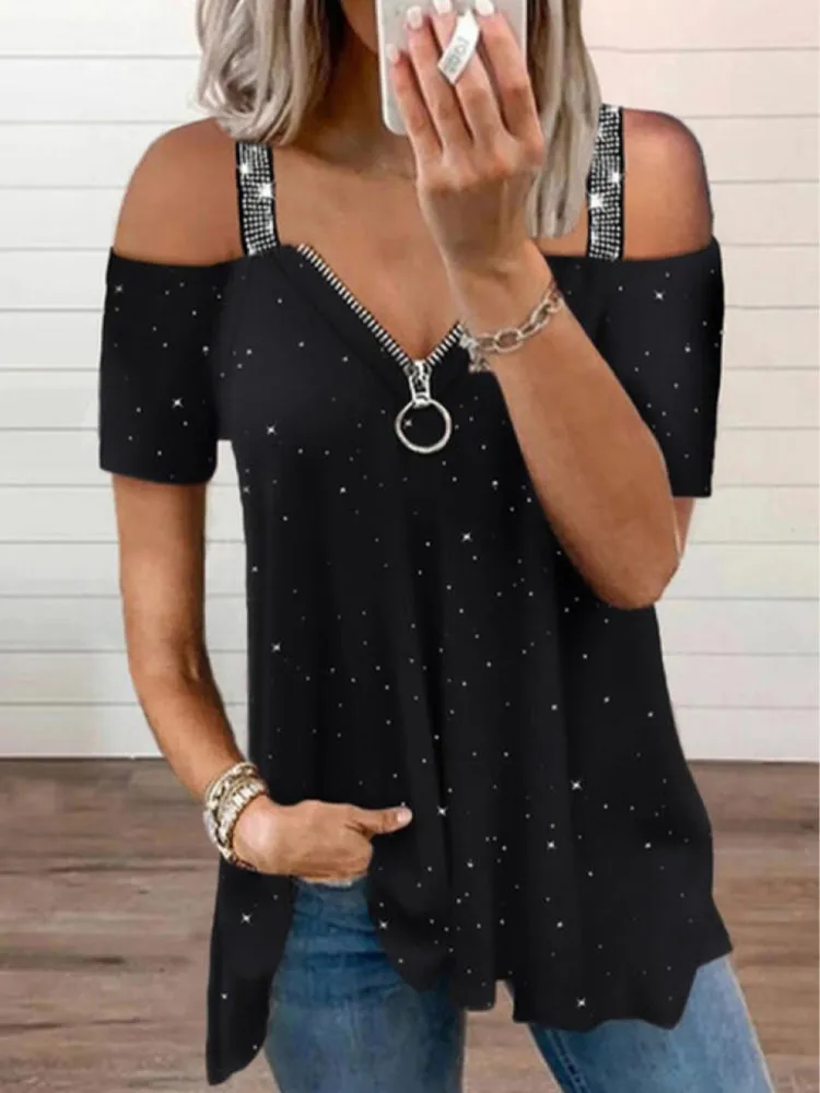 JuliaFashion - 2024 Women Summer Strap Elegant Tshirts Fashion Black Zipper V-neck Sexy Off Shoulder Y2k Tops