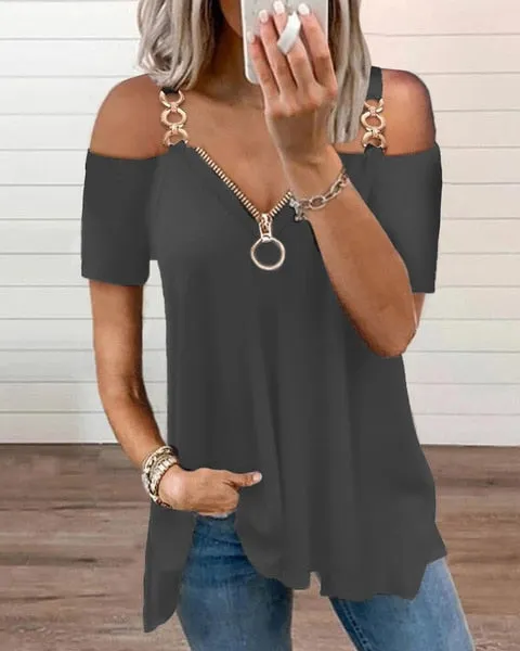 JuliaFashion - 2024 Women Summer Strap Elegant Tshirts Fashion Black Zipper V-neck Sexy Off Shoulder Y2k Tops