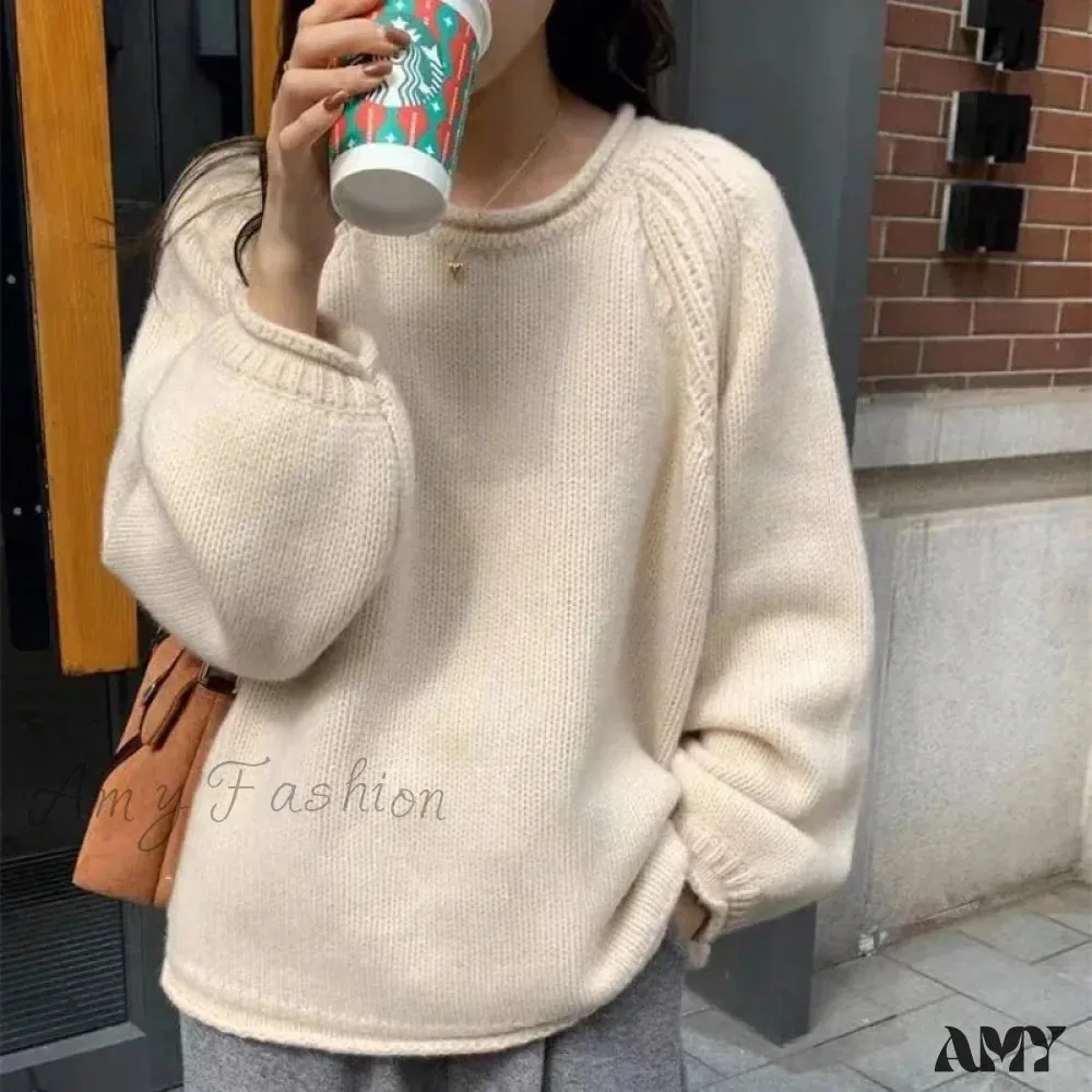 Korean Knitted Pullover Women O-neck Jumper Long Sleeve Autumn Winter Cozy Loose Stylish Chic Sweater